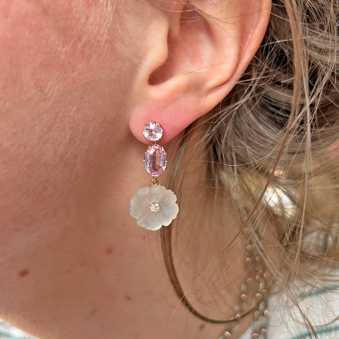 Antique Topaz Moonstone Diamond Earrings Floral Drop 18k Gold