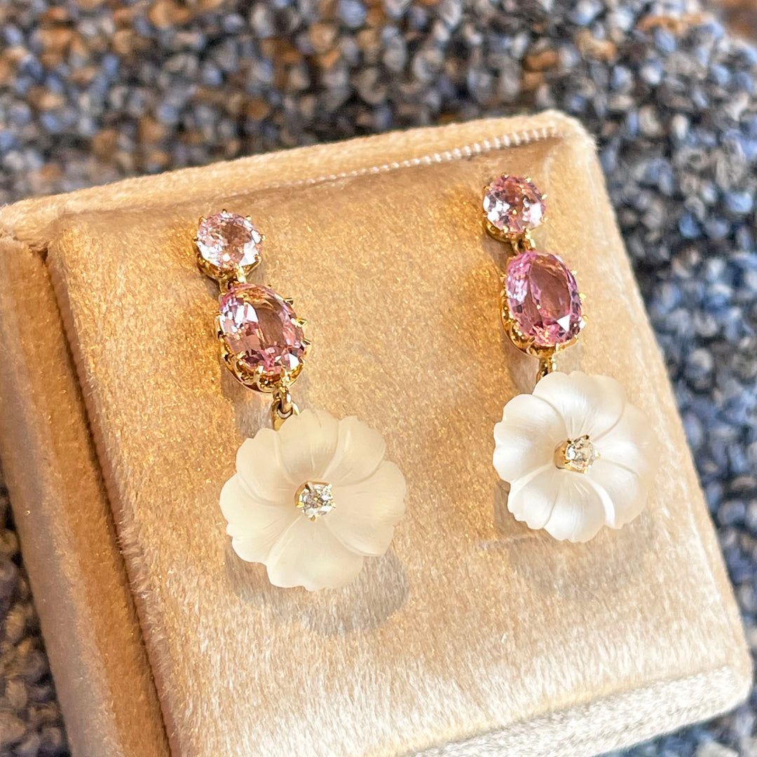 Antique Topaz Moonstone Diamond Earrings Floral Drop 18k Gold
