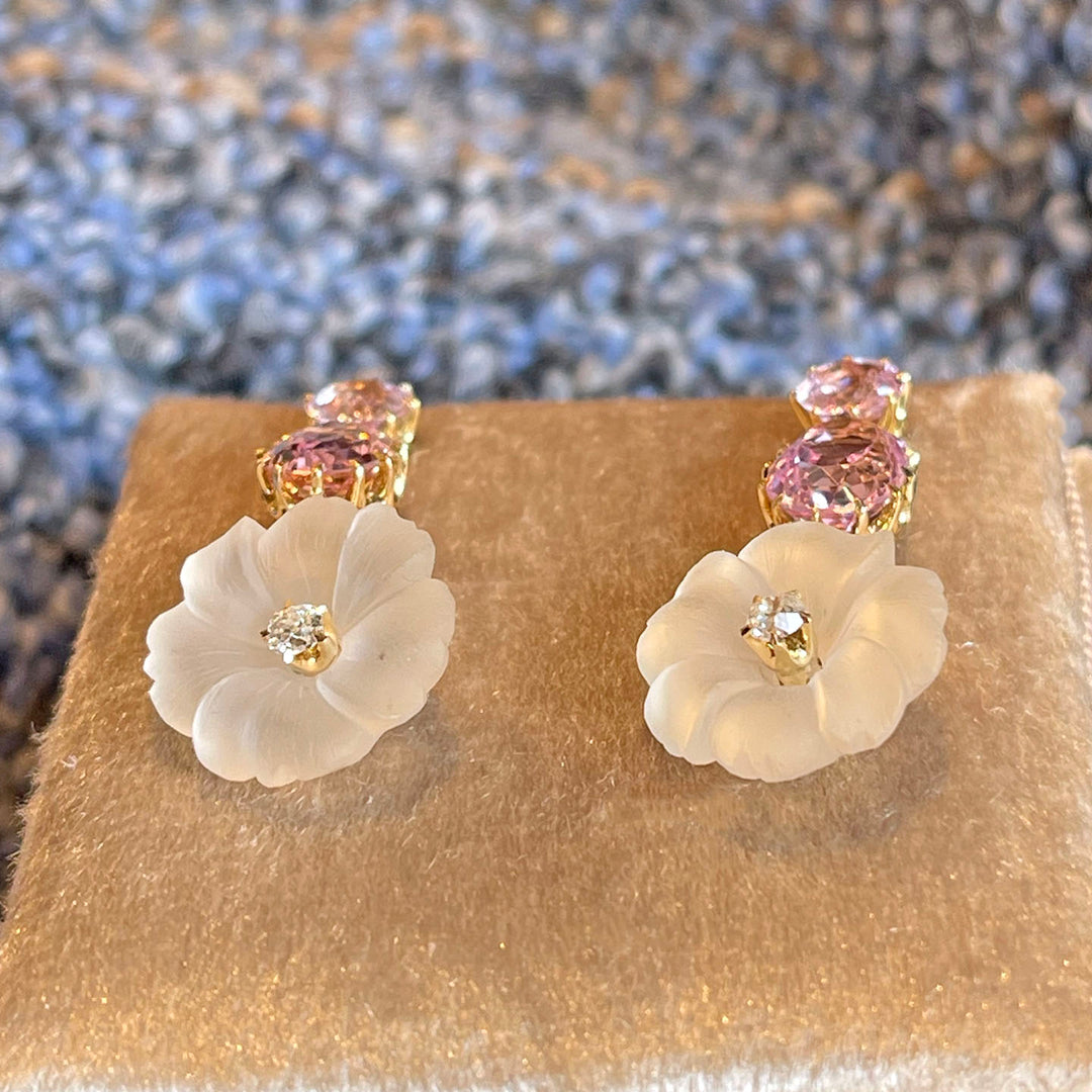 Antique Topaz Moonstone Diamond Earrings Floral Drop 18k Gold