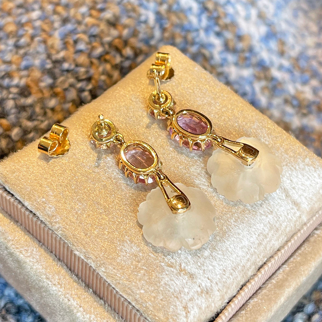 Antique Topaz Moonstone Diamond Earrings Floral Drop 18k Gold