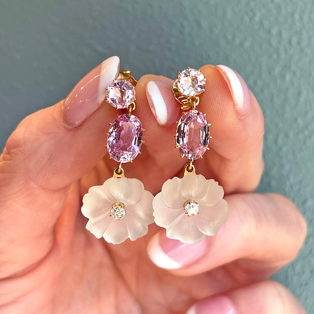Antique Topaz Moonstone Diamond Earrings Floral Drop 18k Gold