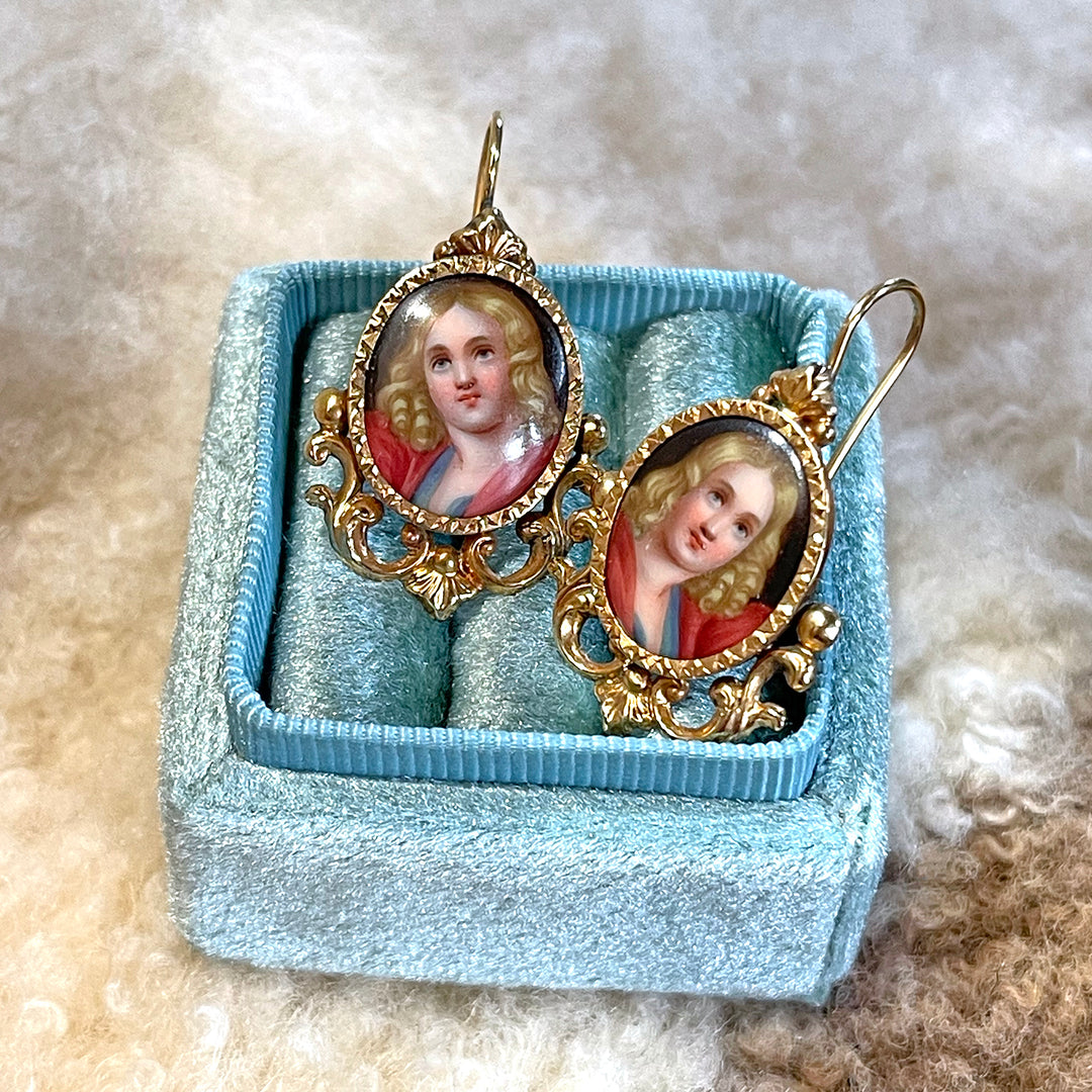 Neoclassical French Enamel Earrings with Portrait Miniatures in 18k Gold