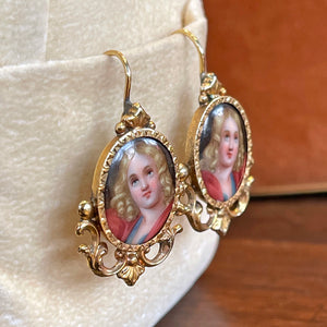 Neoclassical French Enamel Earrings with Portrait Miniatures in 18k Gold