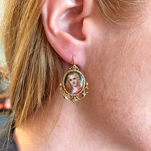 Neoclassical French Enamel Earrings with Portrait Miniatures in 18k Gold