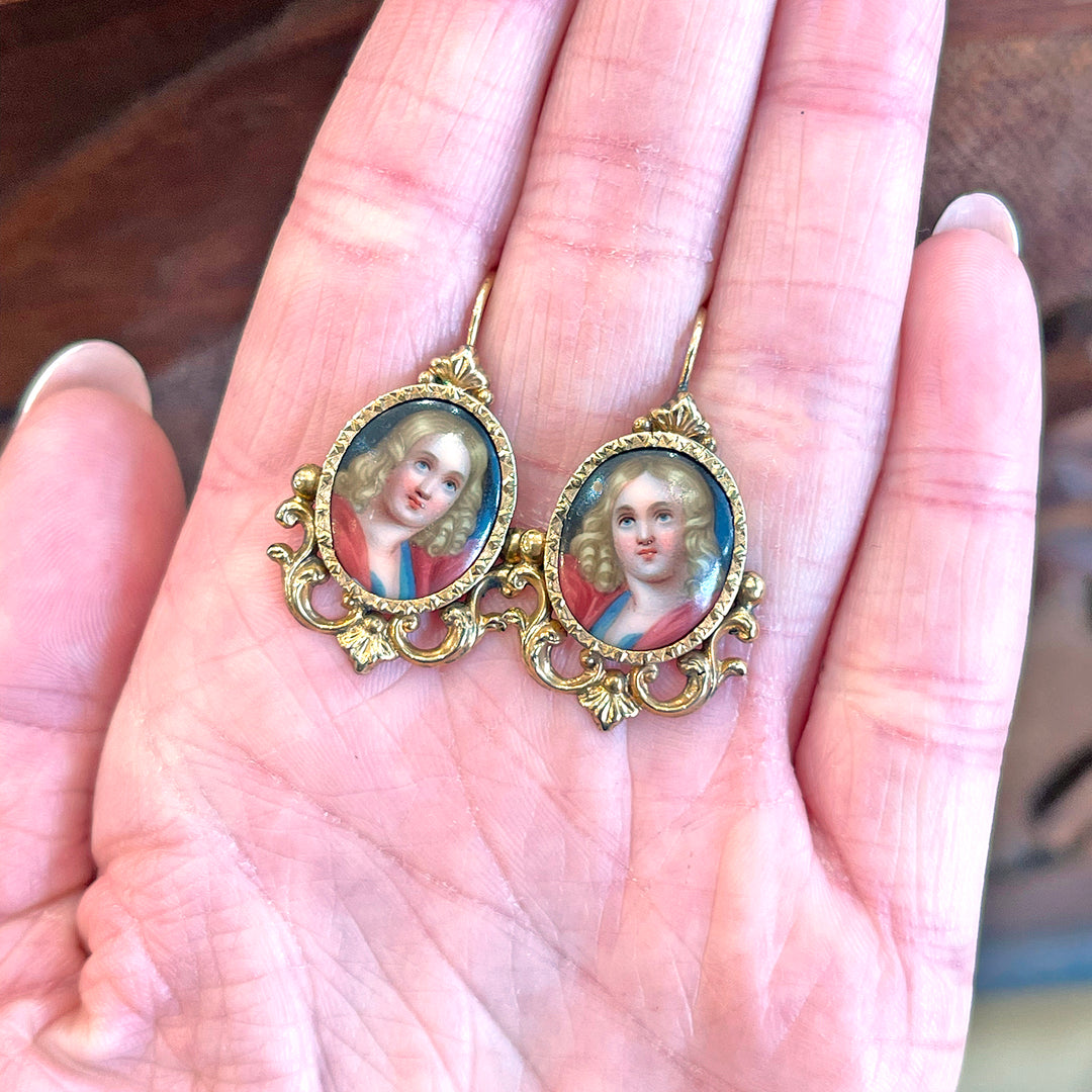 Neoclassical French Enamel Earrings with Portrait Miniatures in 18k Gold