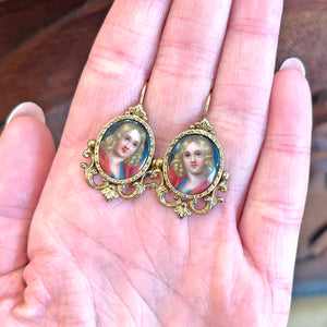 Neoclassical French Enamel Earrings with Portrait Miniatures in 18k Gold