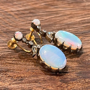 Antique Cabochon Opal Diamond Drop Earrings