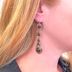 Long Victorian Garnet Drop Earrings in Metal