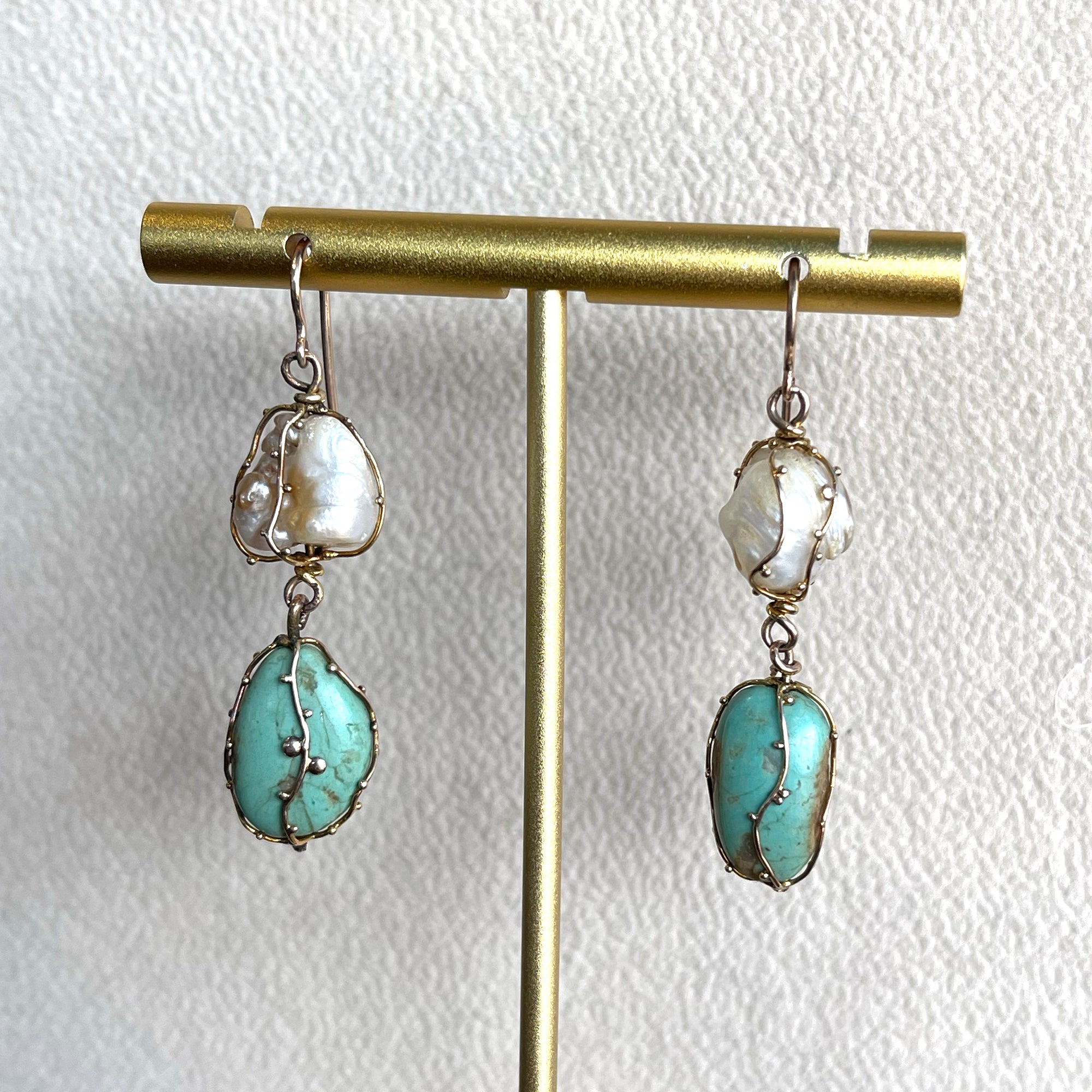 Arts and Crafts Era Turquoise Pearl Earrings 9k Gold