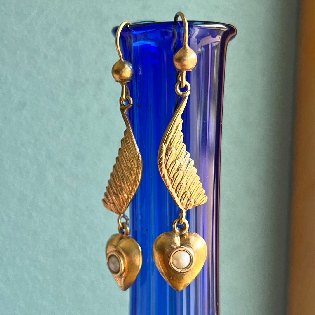 Antique Wing Heart Pearl Drop Earrings 9k Gold