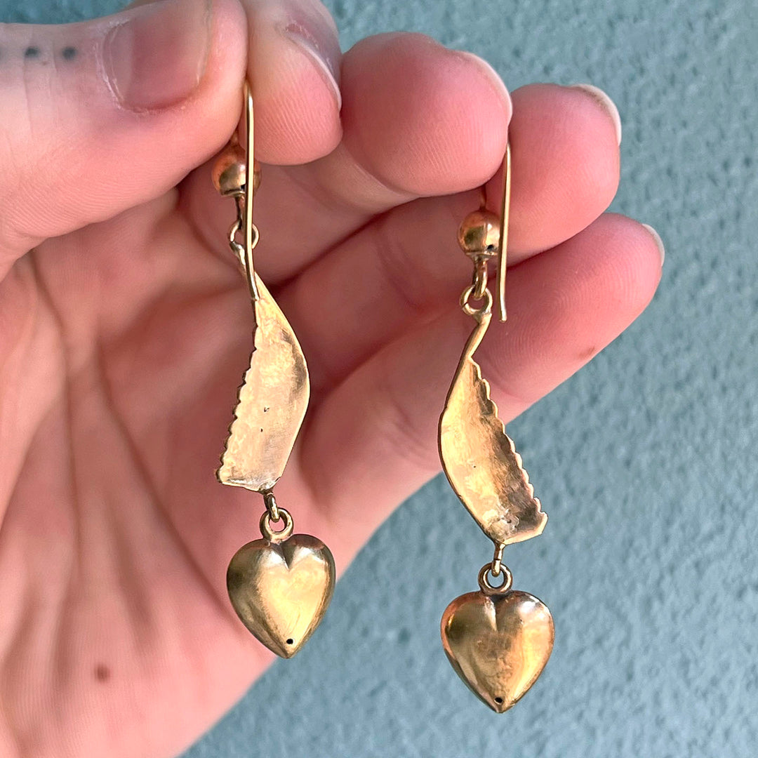 Antique Wing Heart Pearl Drop Earrings 9k Gold