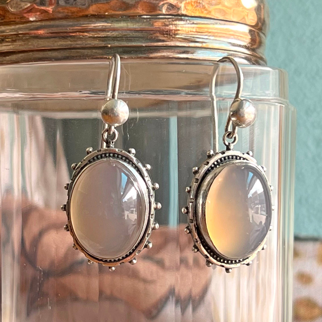 Antique Silver Chalcedony Oval Drop Earrings, c. 1880