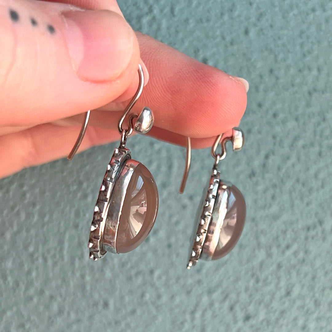 Antique Silver Chalcedony Oval Drop Earrings, c. 1880