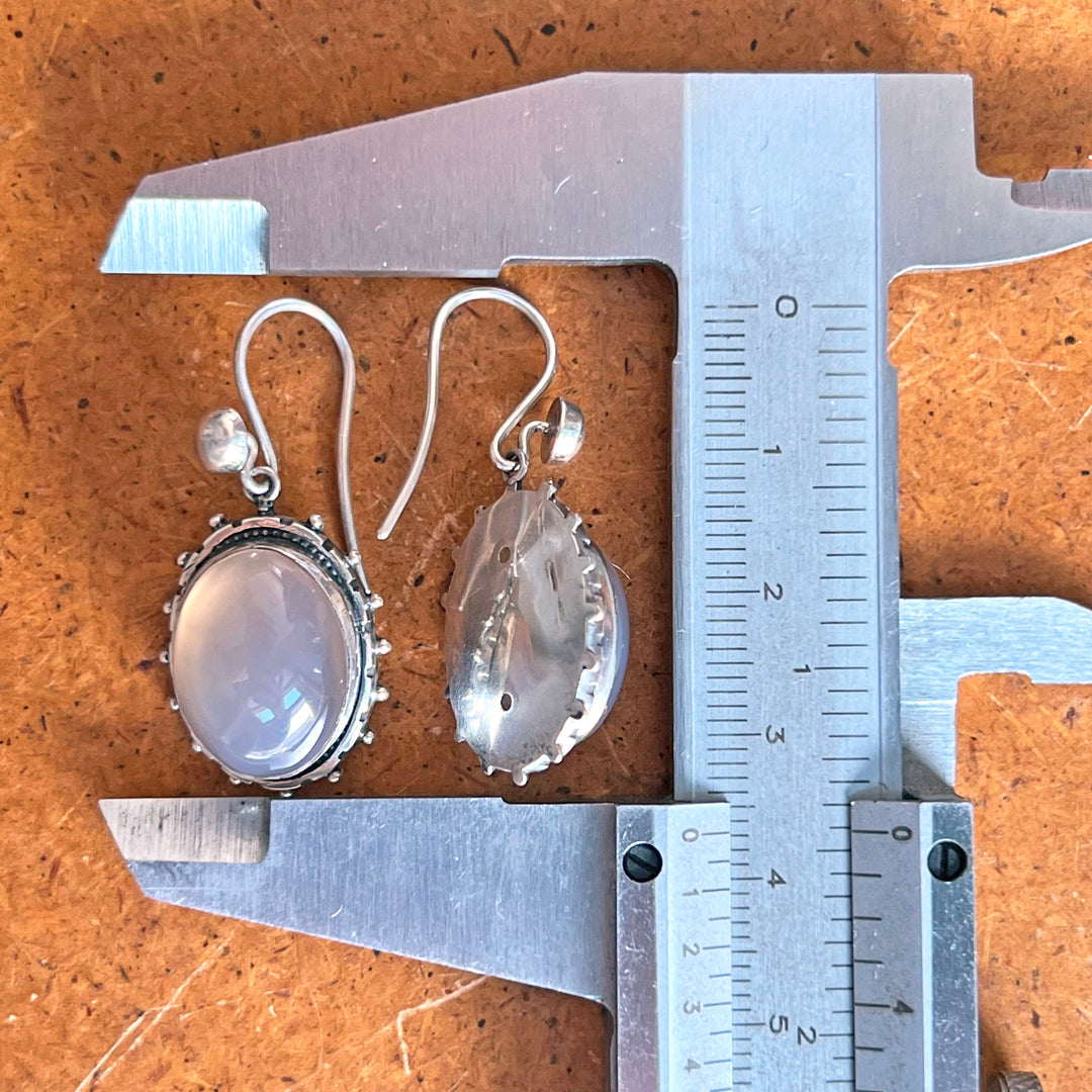 Antique Silver Chalcedony Oval Drop Earrings, c. 1880