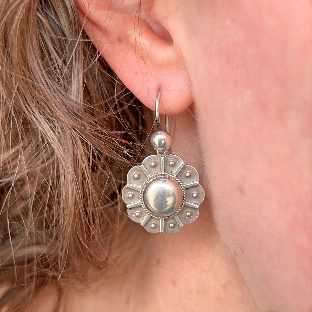 Antique Victorian Earrings Silver Abstract Floral Embossed