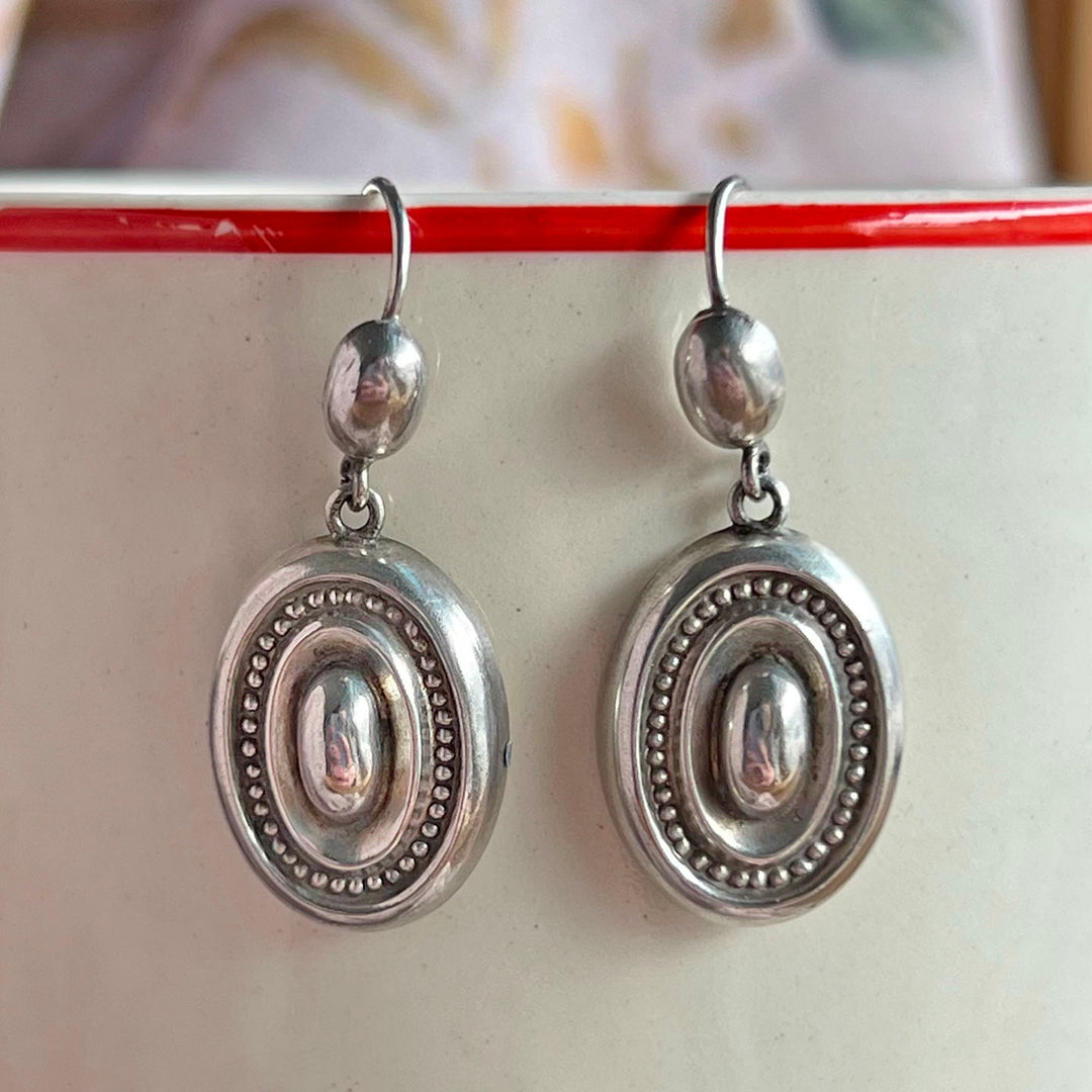 Victorian Antique Silver Earrings Embossed Oval Drop