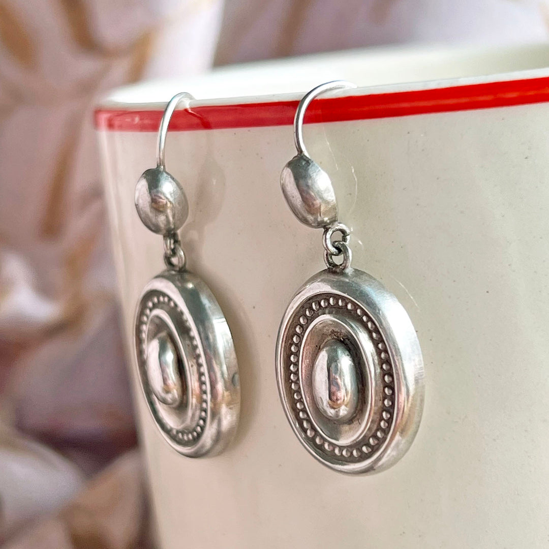 Victorian Antique Silver Earrings Embossed Oval Drop