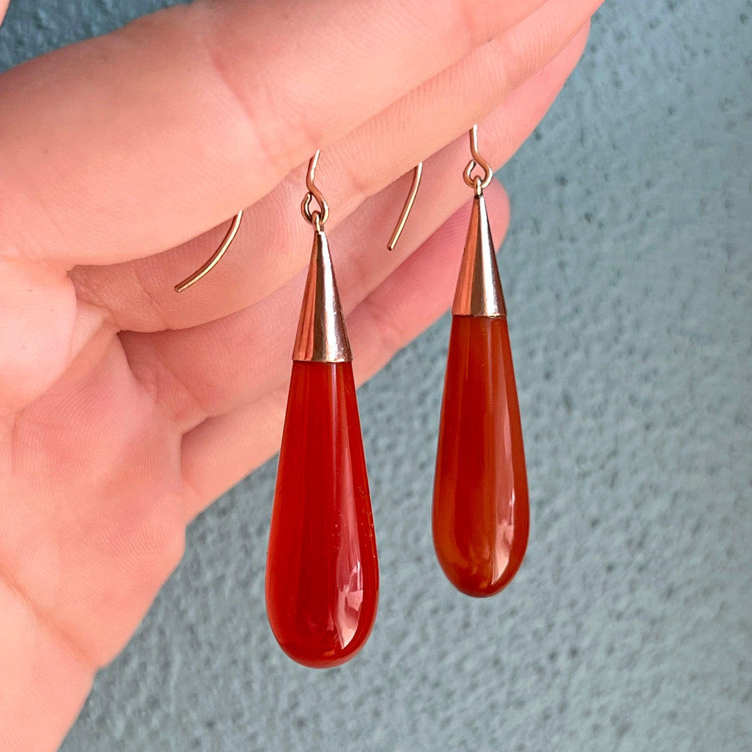 Antique Carnelian Drop Earrings 9k Gold