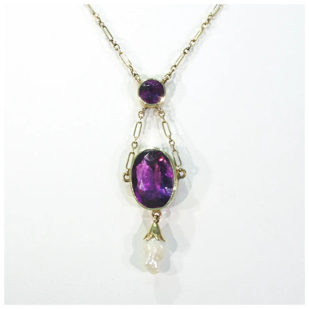 Edwardian Amethyst Pearl Necklace in 9 karat Gold