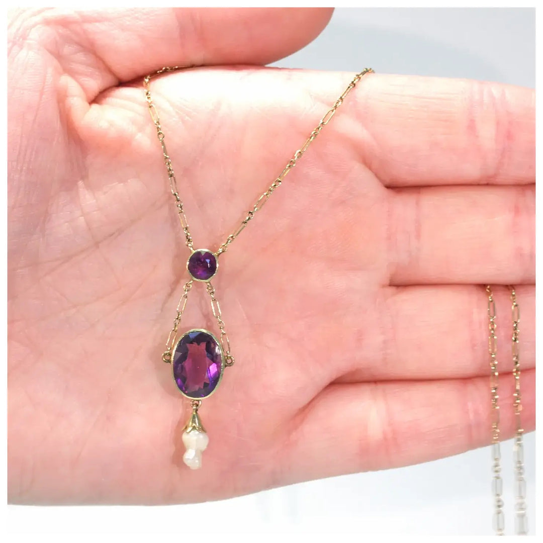 Edwardian Amethyst Pearl Necklace in 9 karat Gold