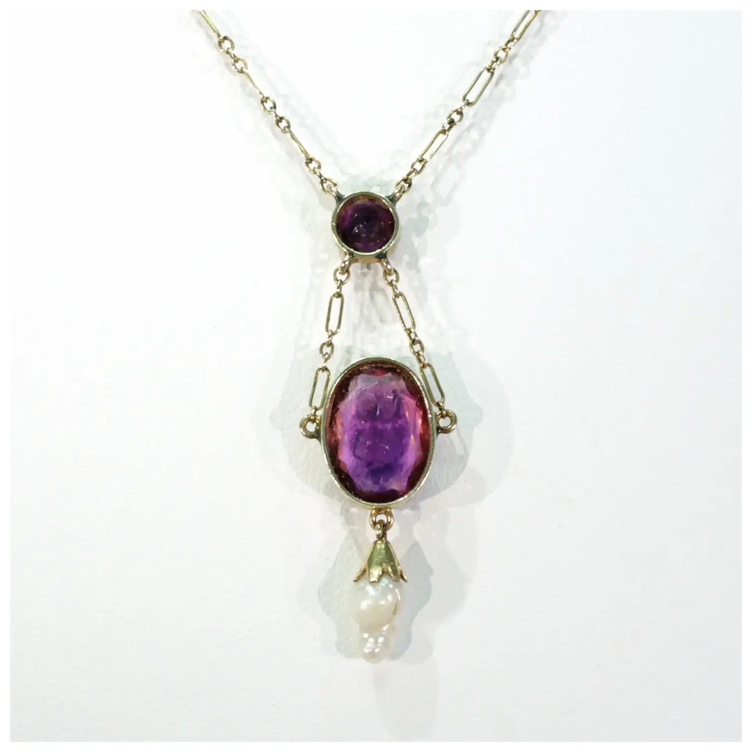 Edwardian Amethyst Pearl Necklace in 9 karat Gold