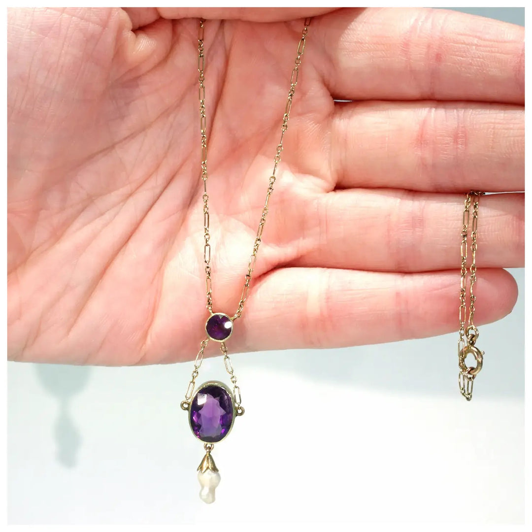 Edwardian Amethyst Pearl Necklace in 9 karat Gold