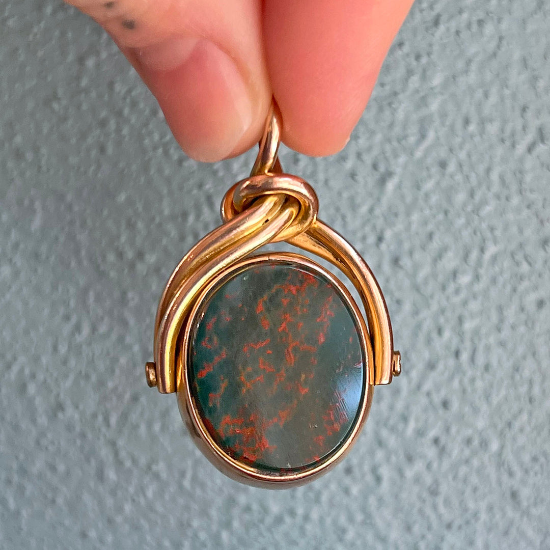 Antique Victorian Gold Knot Spinner Fob Pendant with Bloodstone and Carnelian, c. 1890