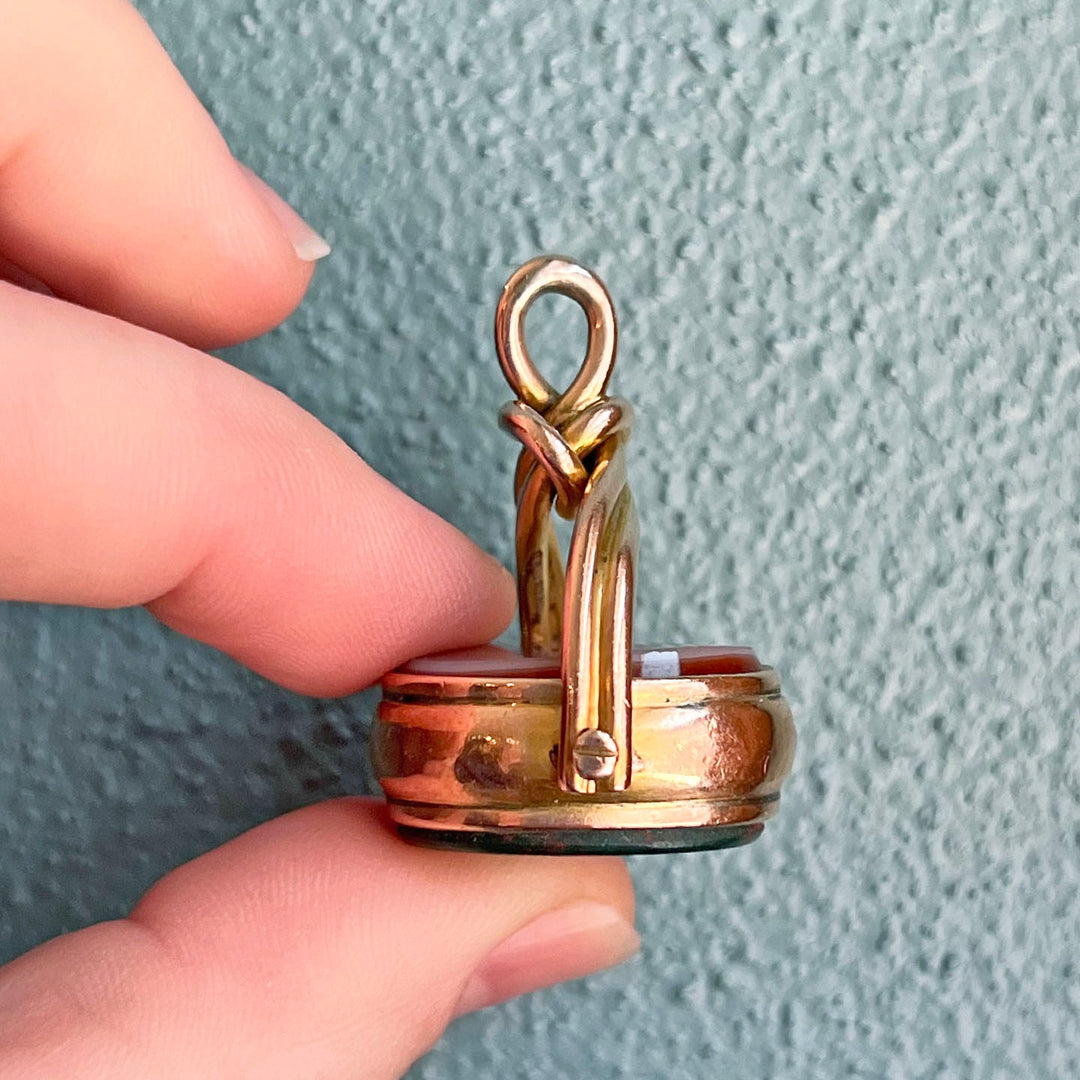 Antique Victorian Gold Knot Spinner Fob Pendant with Bloodstone and Carnelian, c. 1890