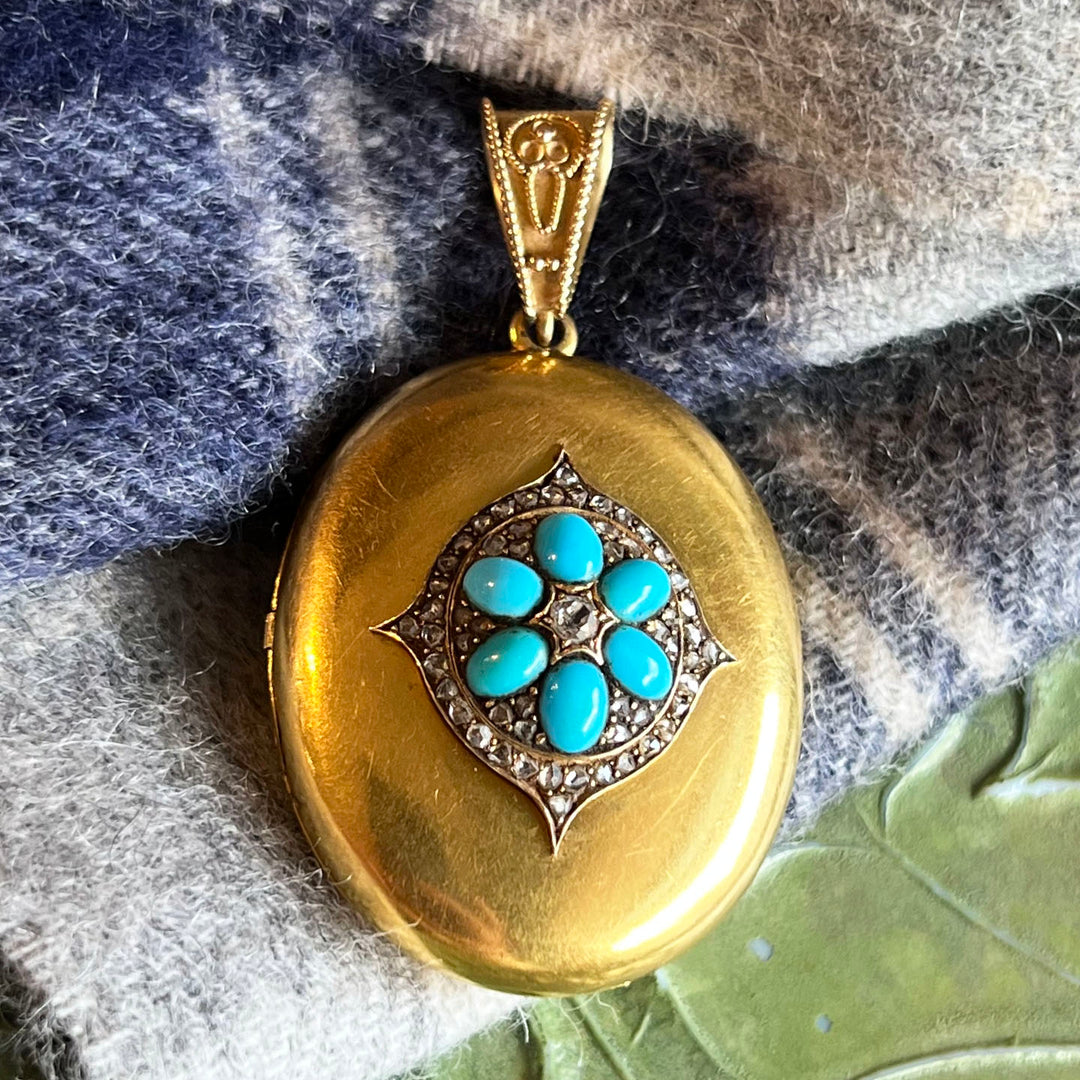 Antique Heavy Gold Diamond Turquoise Locket Pendant