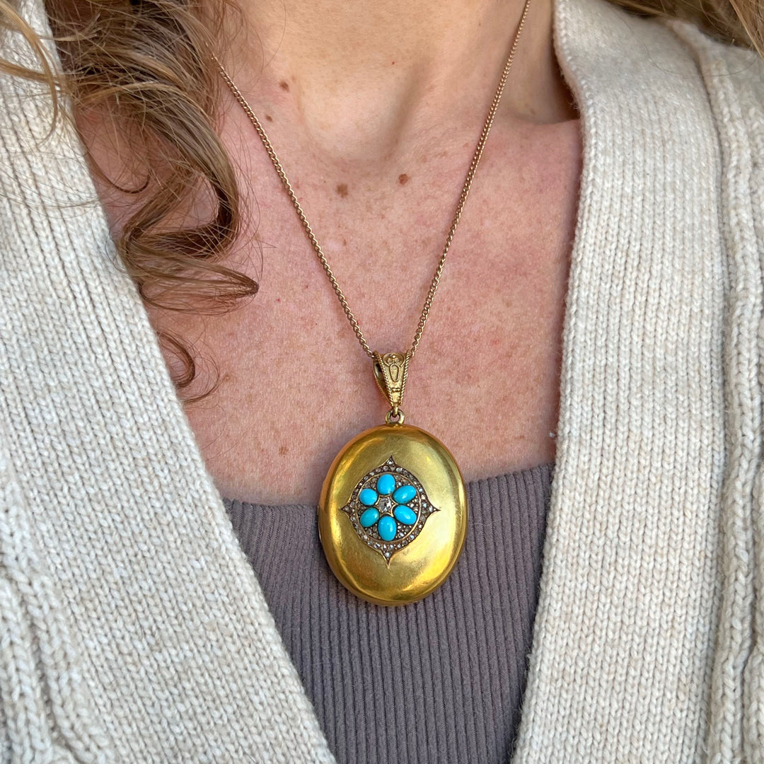 Antique Heavy Gold Diamond Turquoise Locket Pendant