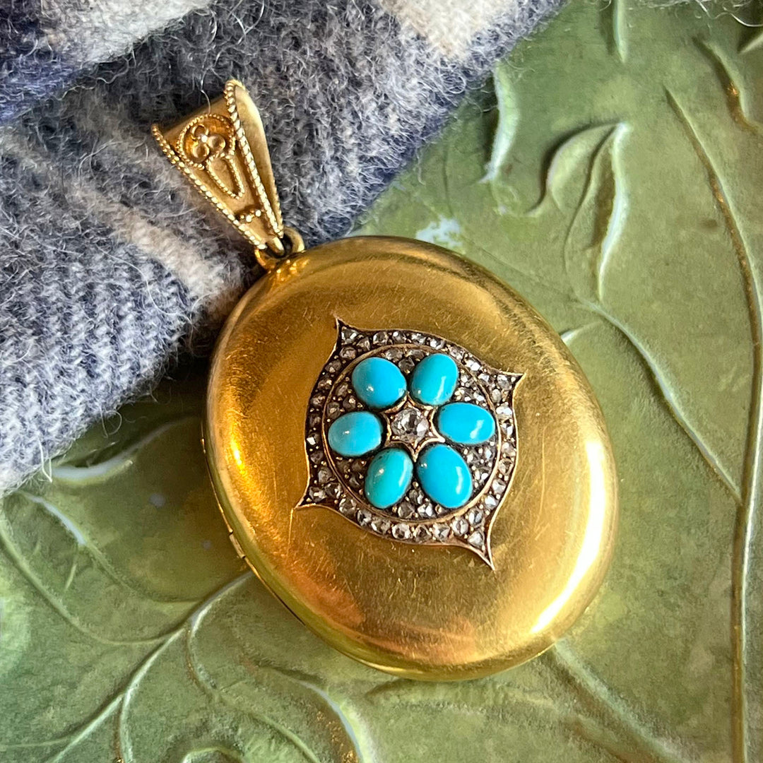 Antique Heavy Gold Diamond Turquoise Locket Pendant
