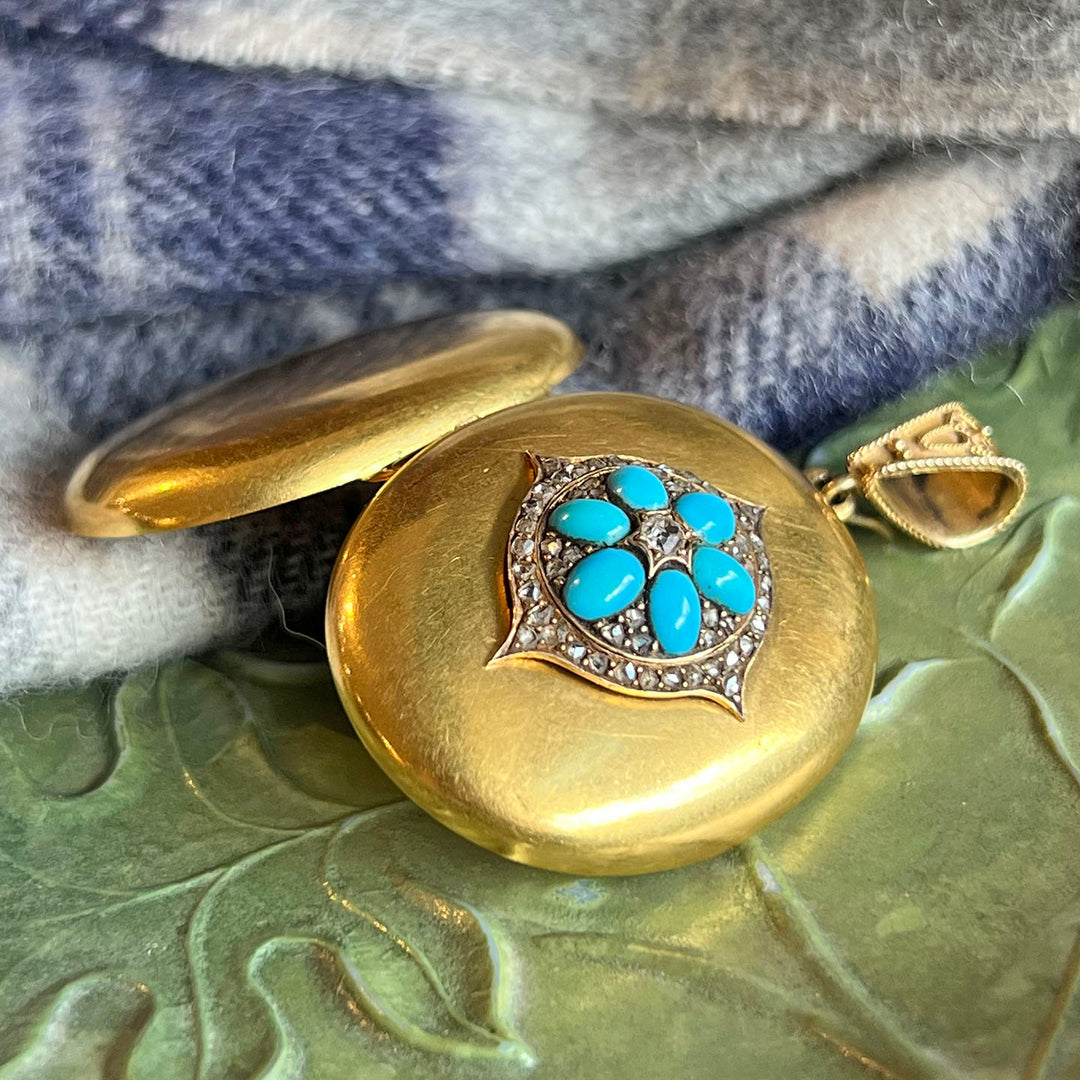 Antique Heavy Gold Diamond Turquoise Locket Pendant