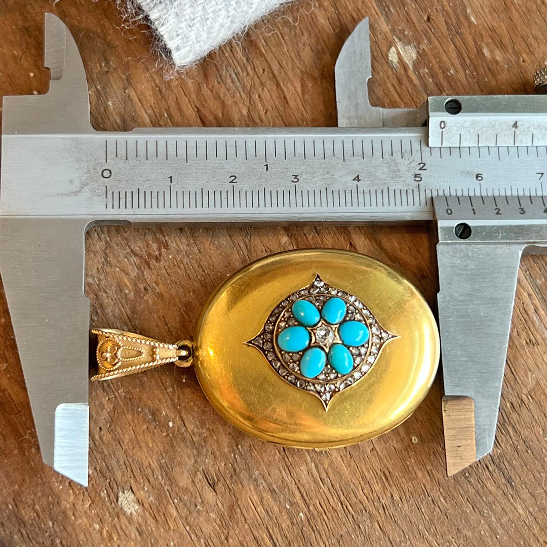 Antique Heavy Gold Diamond Turquoise Locket Pendant
