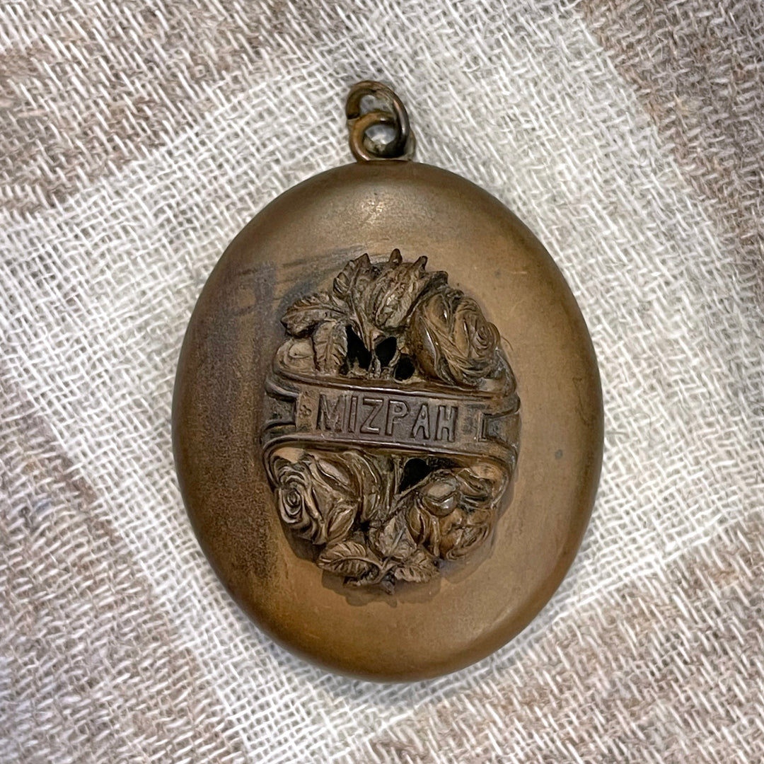 Victorian Gutta Percha Mizpah Carved Locket with Original Glass Frames