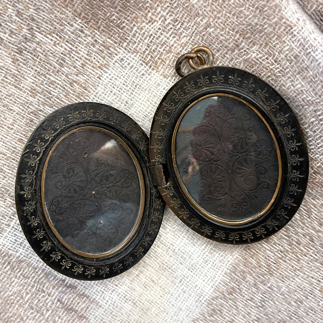 Victorian Gutta Percha Mizpah Carved Locket with Original Glass Frames