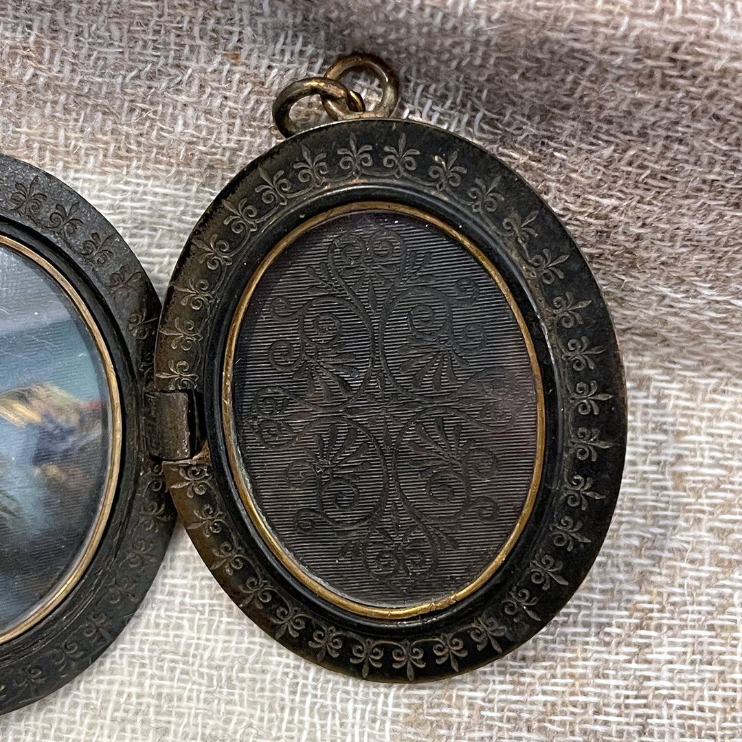 Victorian Gutta Percha Mizpah Carved Locket with Original Glass Frames