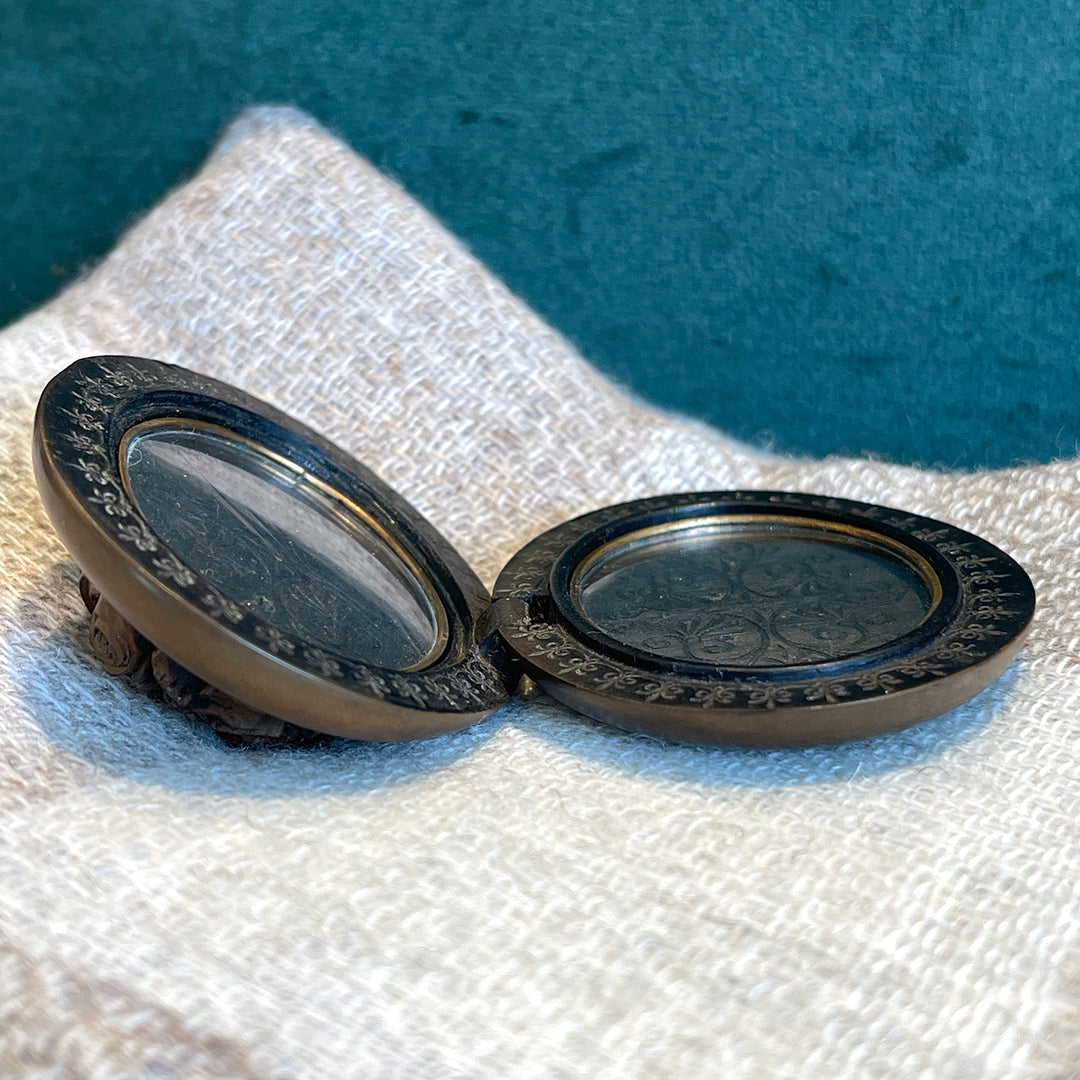 Victorian Gutta Percha Mizpah Carved Locket with Original Glass Frames