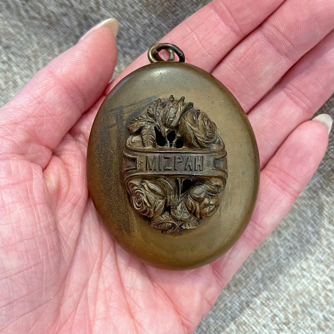 Victorian Gutta Percha Mizpah Carved Locket with Original Glass Frames