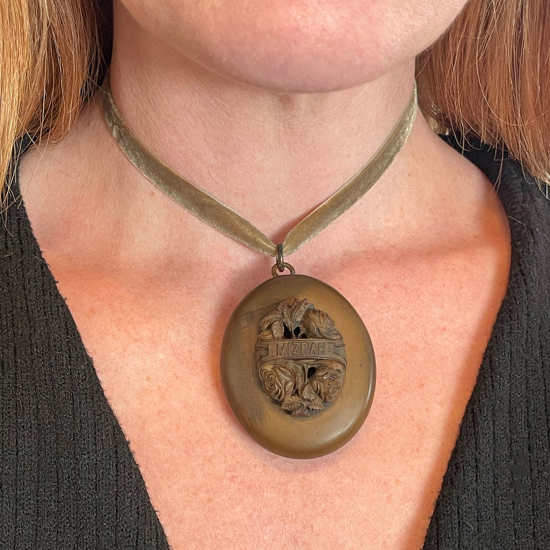 Victorian Gutta Percha Mizpah Carved Locket with Original Glass Frames