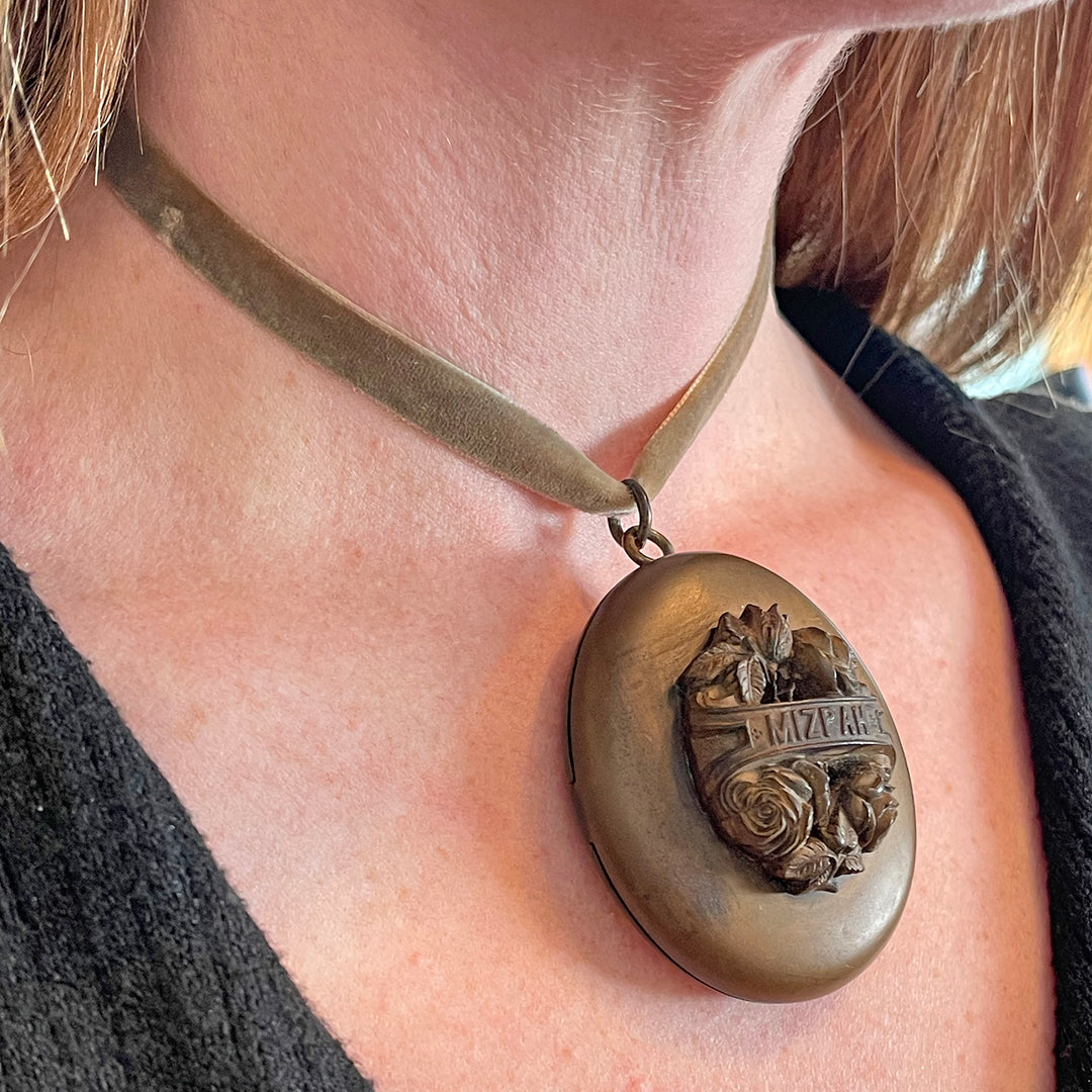 Victorian Gutta Percha Mizpah Carved Locket with Original Glass Frames