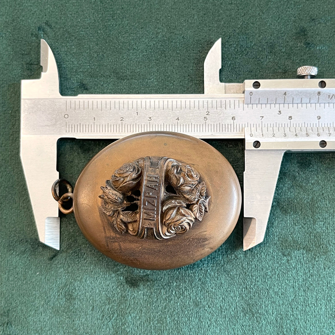 Victorian Gutta Percha Mizpah Carved Locket with Original Glass Frames