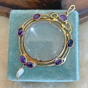 Art Nouveau Amethyst Pearl Frame Locket Gold