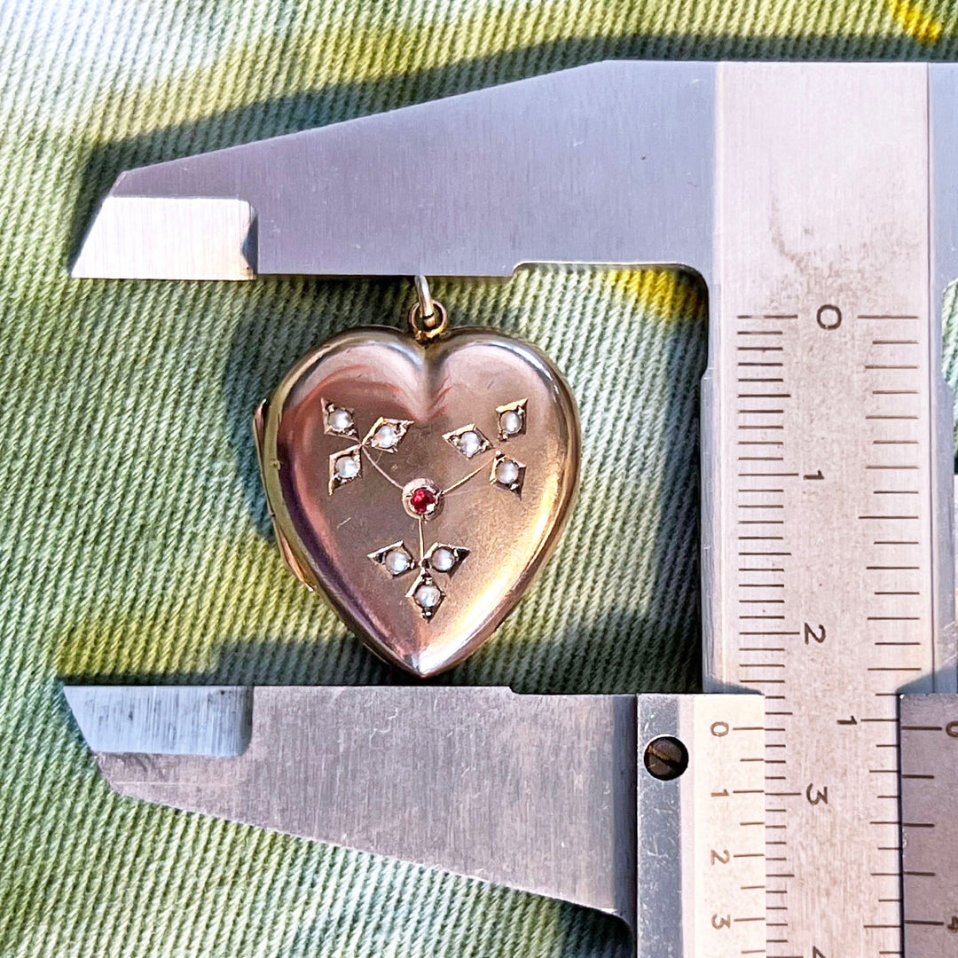 Antique Edwardian 9 Karat Gold Heart Locket Seed Pearls and Ruby, c. 1900