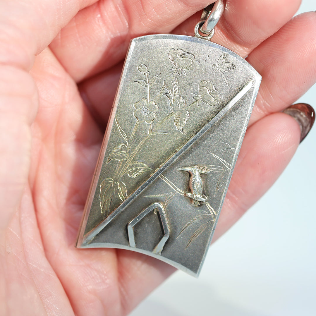 Antique Silver Engraved Bird & Flowers Locket