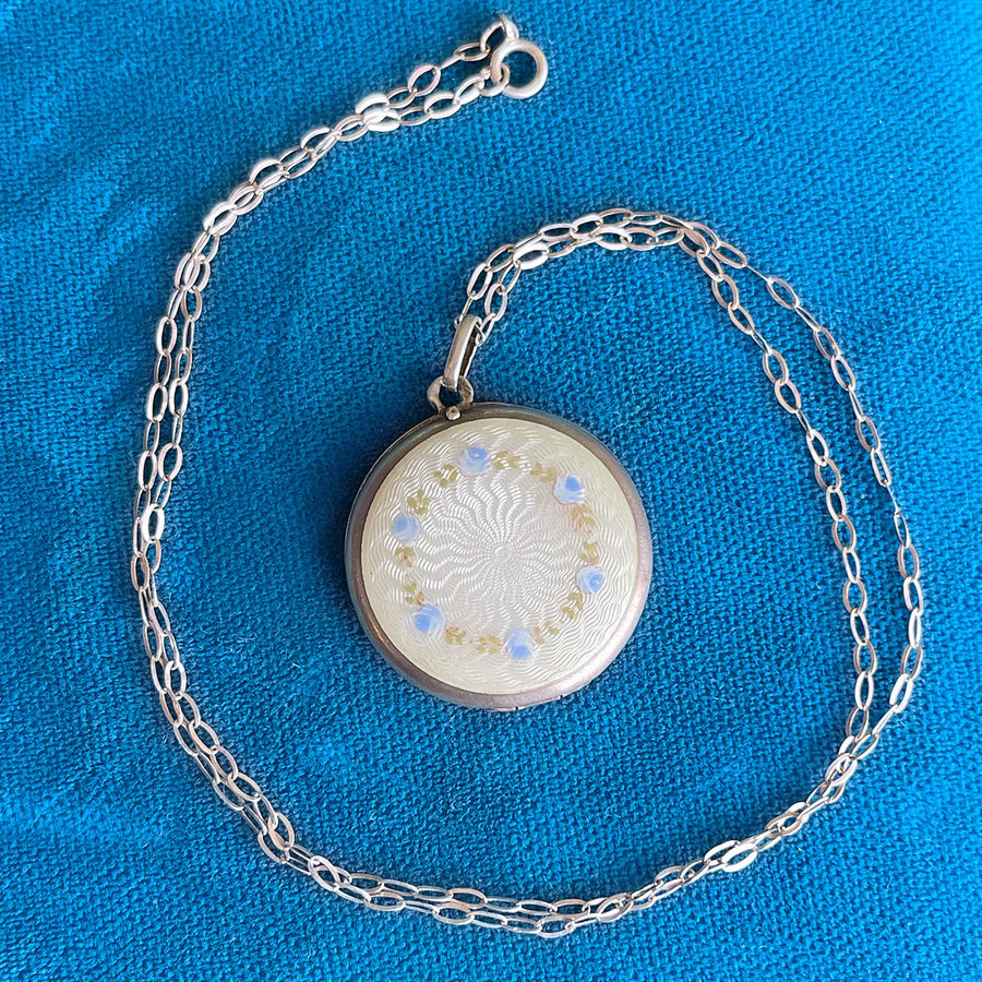 Antique French Enamel Locket, White Guilloché with Blue Florals, c. 1837-1864