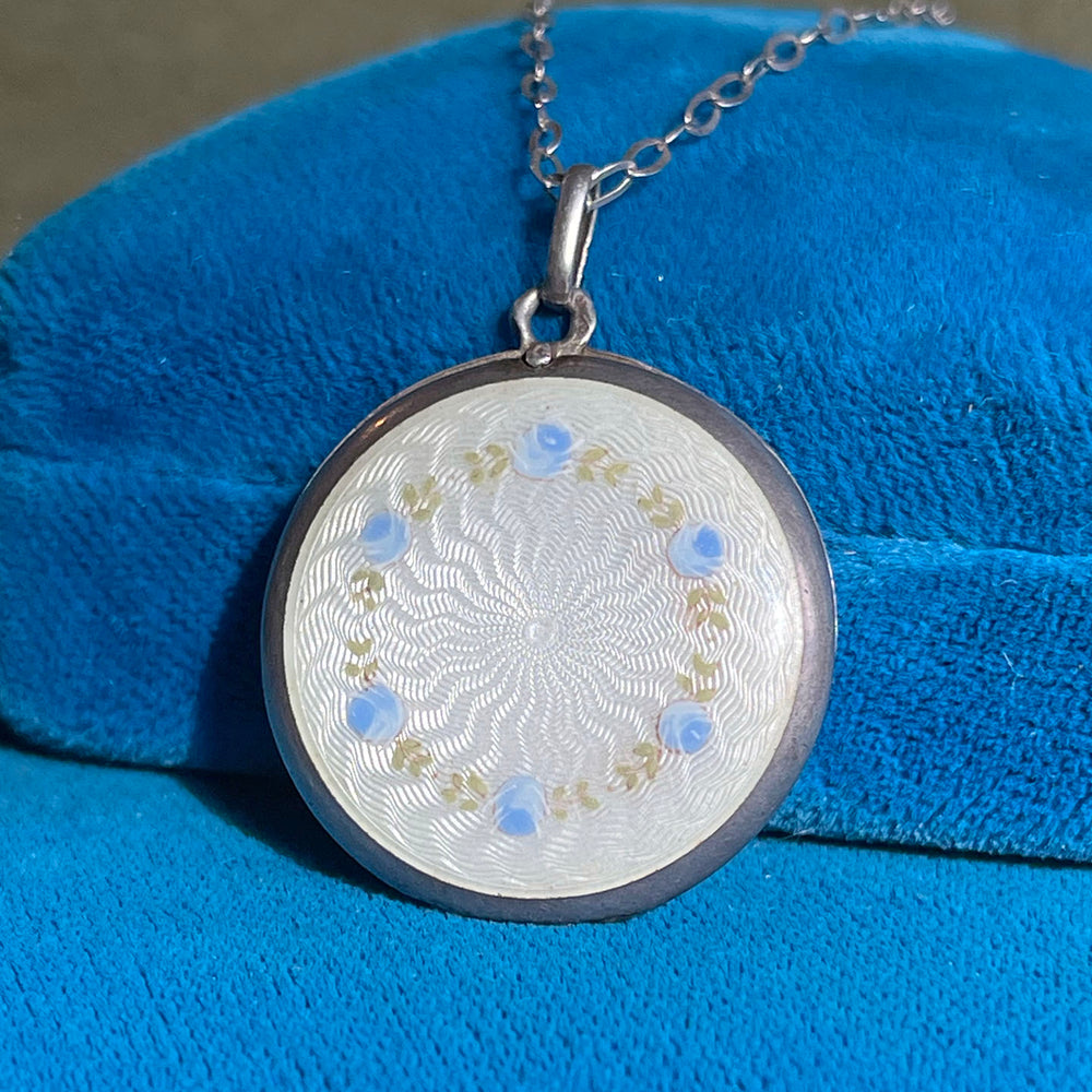 Antique French Enamel Locket, White Guilloché with Blue Florals, c. 1837-1864
