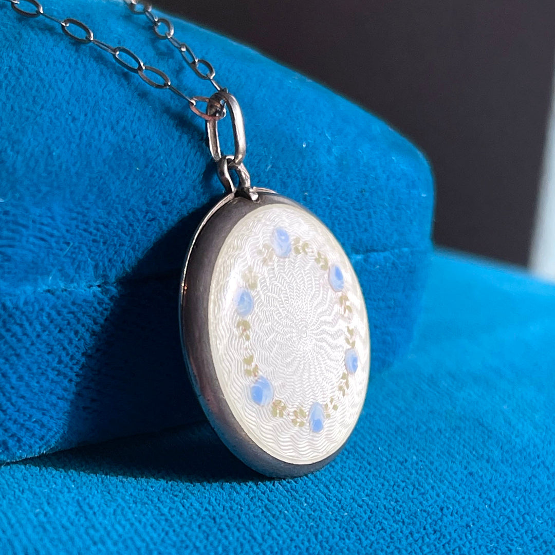 Antique French Enamel Locket, White Guilloché with Blue Florals, c. 1837-1864