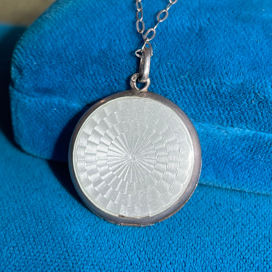Antique French Enamel Locket, White Guilloché with Blue Florals, c. 1837-1864