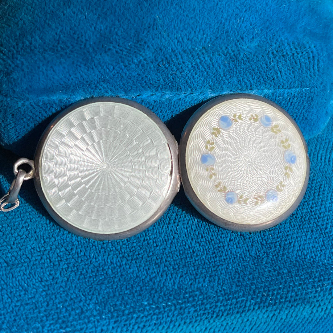 Antique French Enamel Locket, White Guilloché with Blue Florals, c. 1837-1864