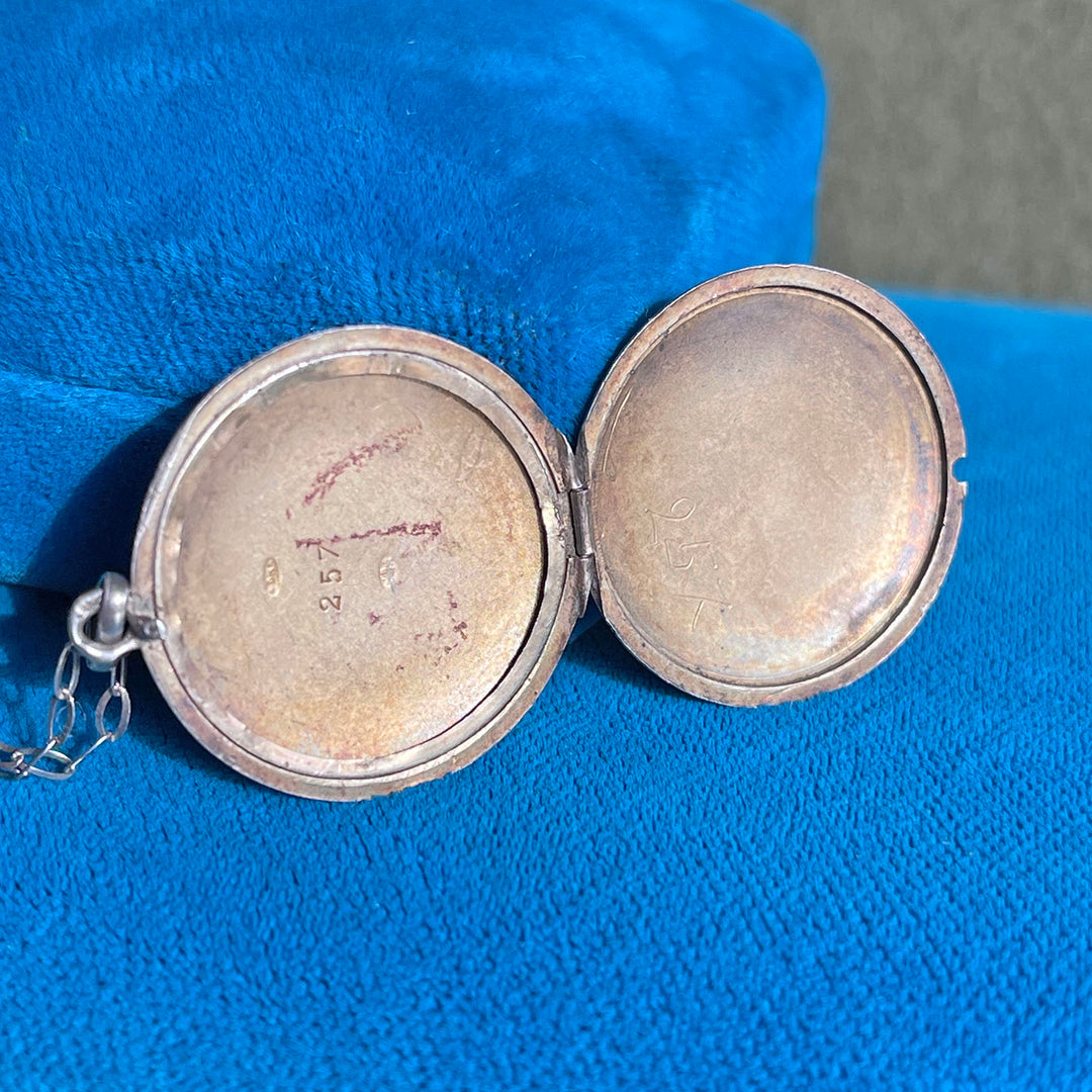 Antique French Enamel Locket, White Guilloché with Blue Florals, c. 1837-1864